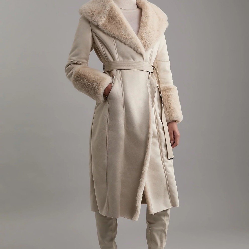 KAREN MILLEN 
Faux Shearling Collar & Cuff Belted Long Coat IVORY